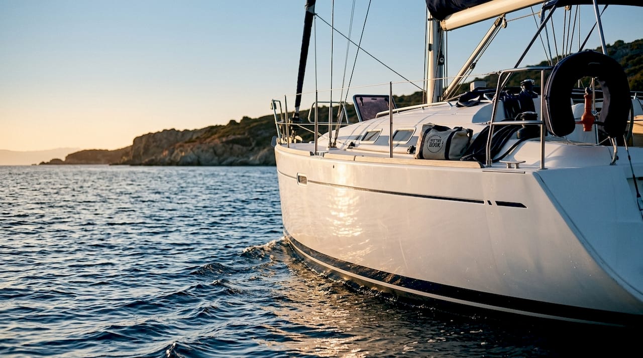 White yacht sailing on blue Aegean Sea in Halkidiki