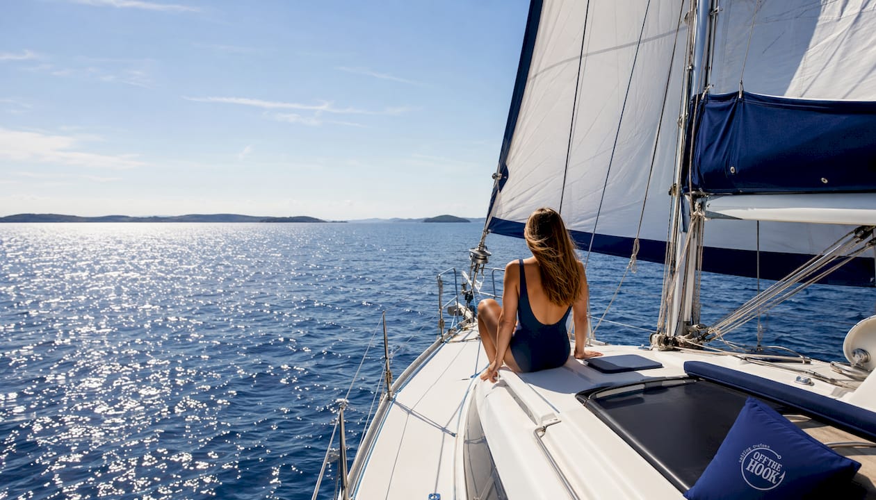 Yacht sailing on calm Aegean Sea near Halkidiki Yacht sailing on calm Aegean Sea near Halkidiki