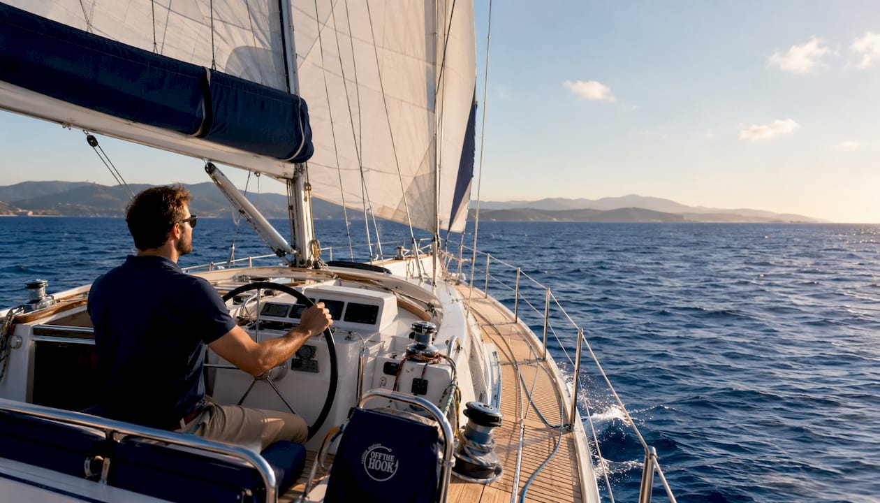 Yacht sailing on blue ocean near Sithonia coast