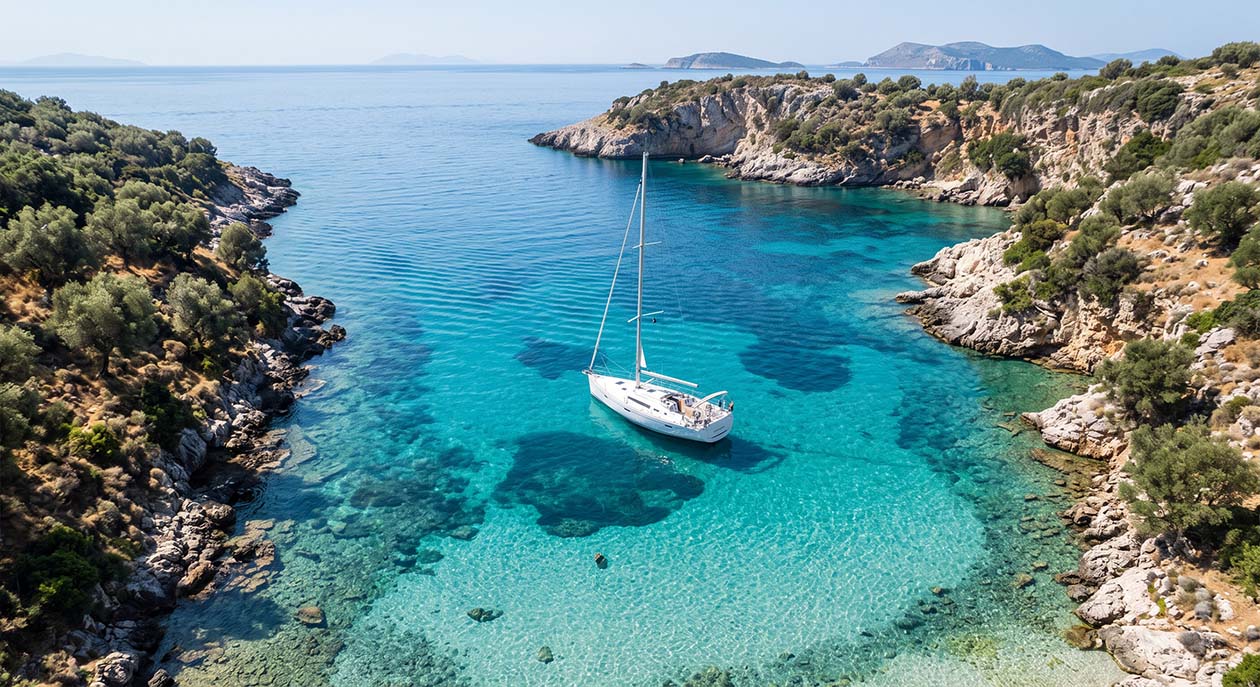 Sailboat sailing in Halkidiki ocean waters Sailboat sailing in Halkidiki ocean waters