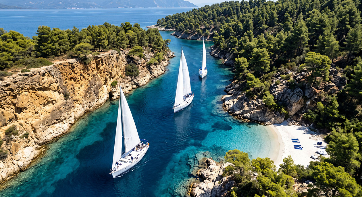 Sailboats sailing on clear turquoise waters Sailboats sailing on clear turquoise waters