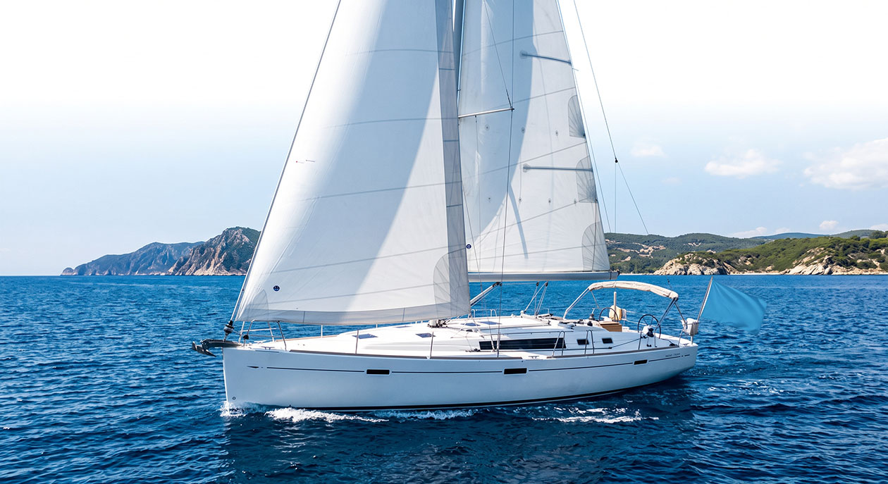 Yacht sailing near Halkidiki coastline under clear sky Yacht sailing near Halkidiki coastline under clear sky