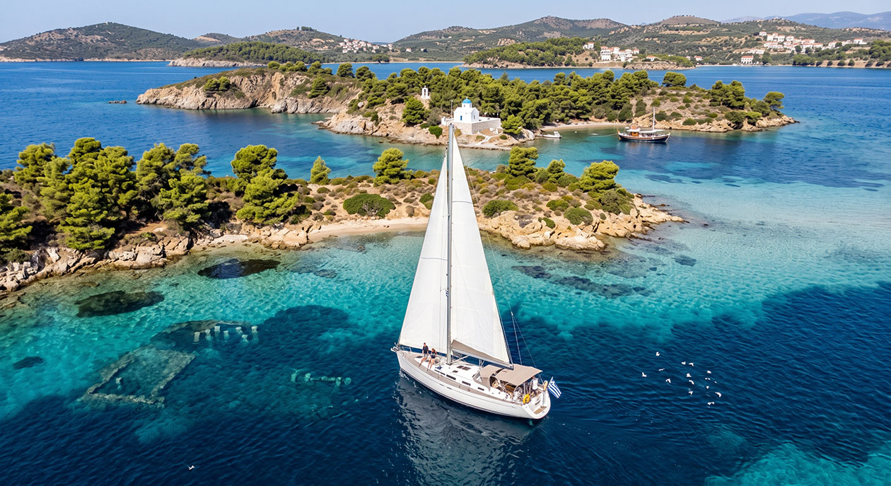 sailboat near the turqoise halkidiki's beach