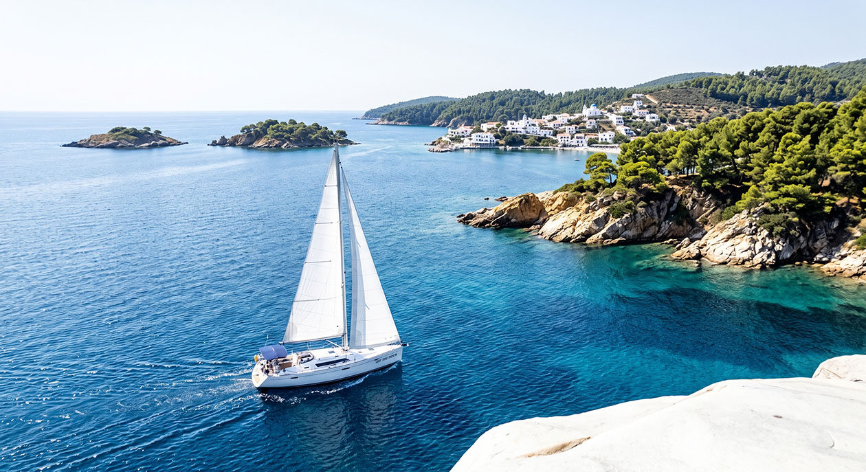 sailboat sailing near Greek island coast