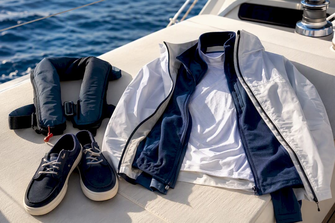 Three-layer sailing outfit laid on yacht deck