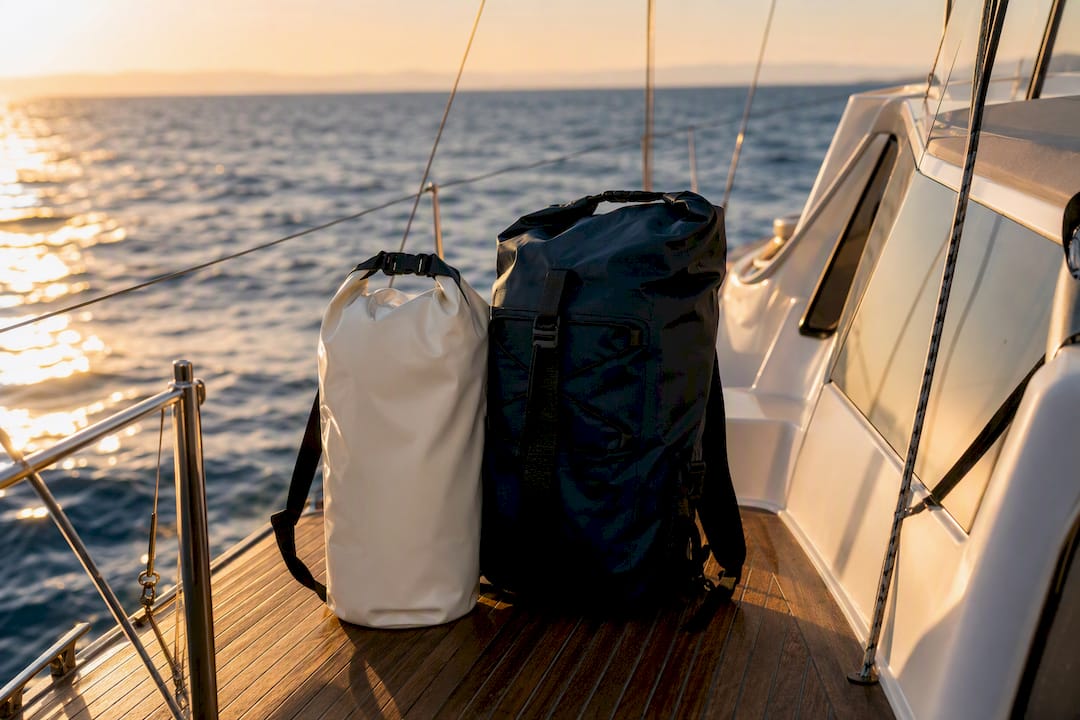 Dry bag and waterproof backpack on yacht deck