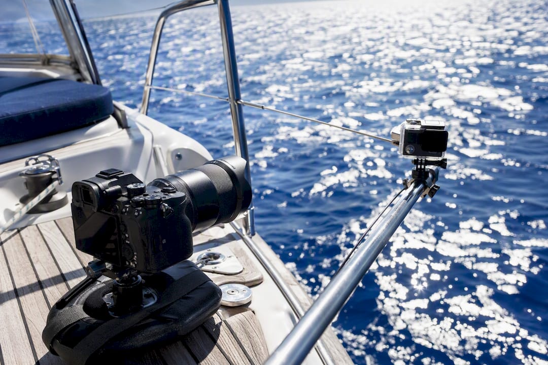 Rugged sailing cameras mounted on yacht deck