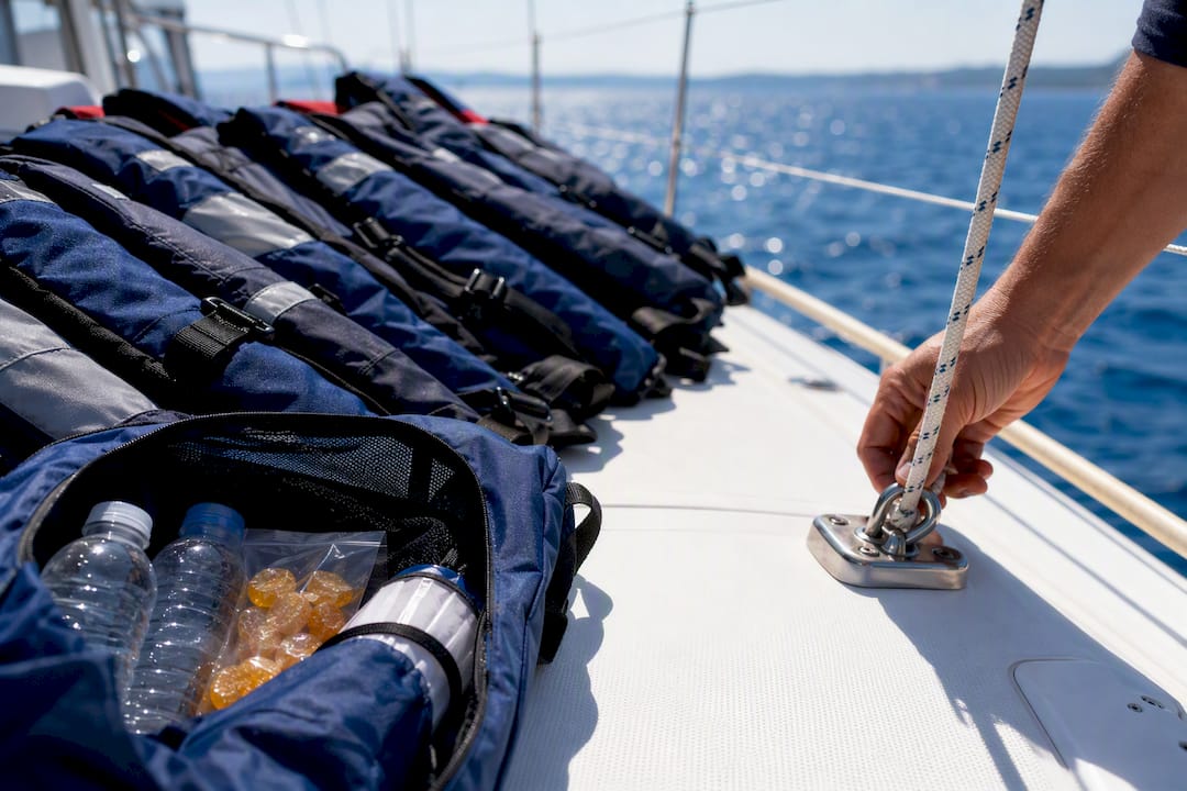 Life jackets and dry bag safety gear on sailboat bench