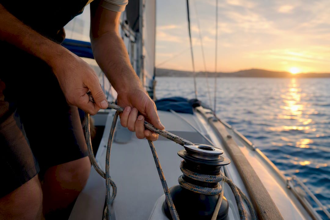 Skipper hands adjusting sailboat ropes on deck