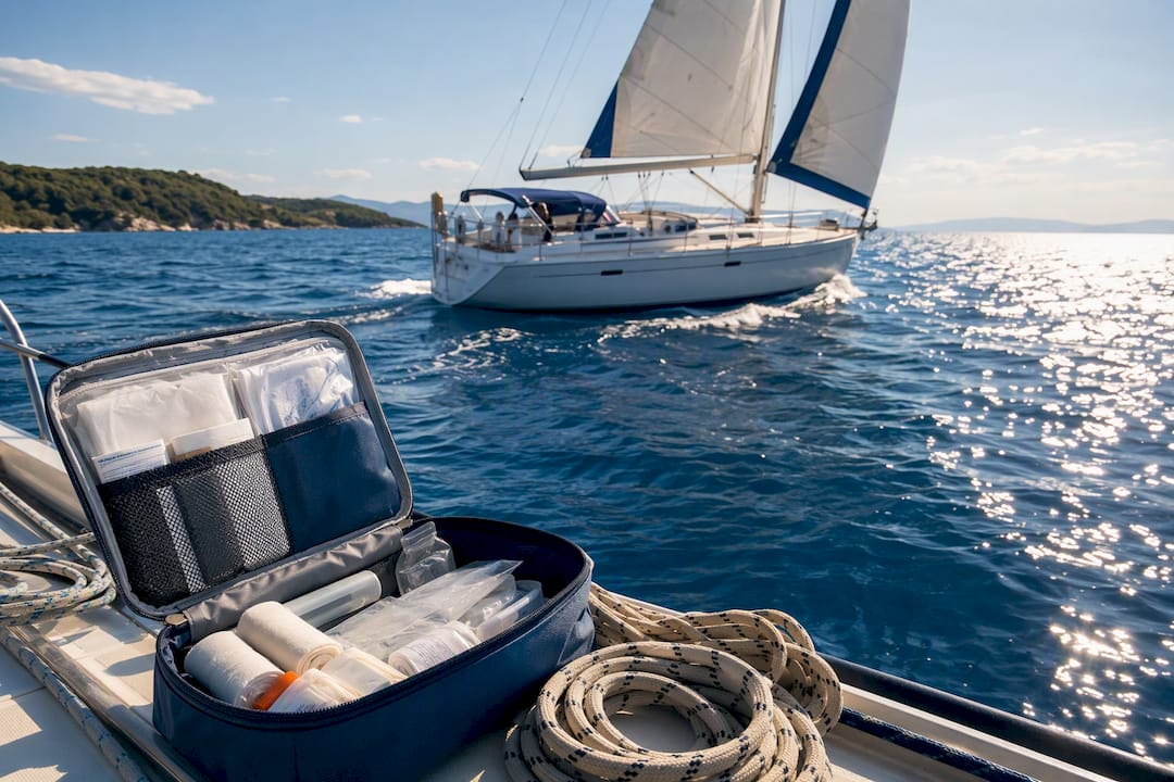 Sailing boat deck with first aid kit on Aegean Sea