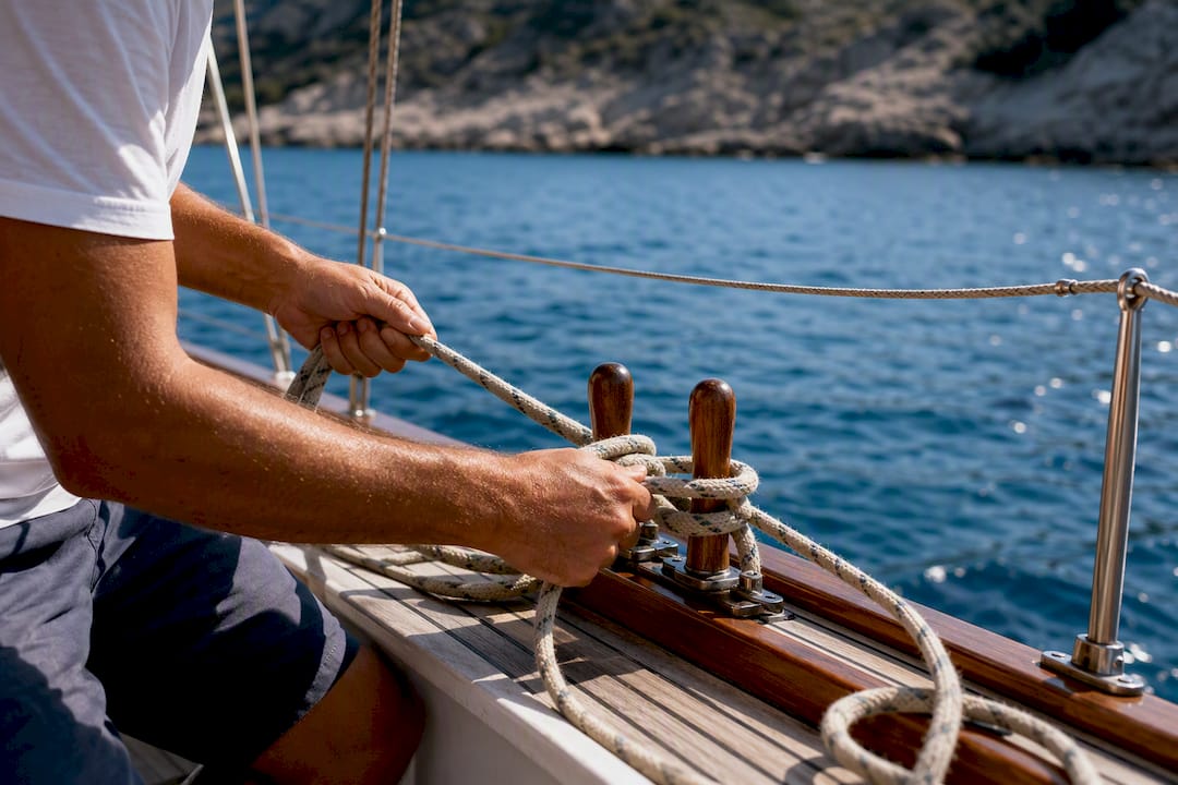 Skipper hands adjusting sailboat ropes on deck