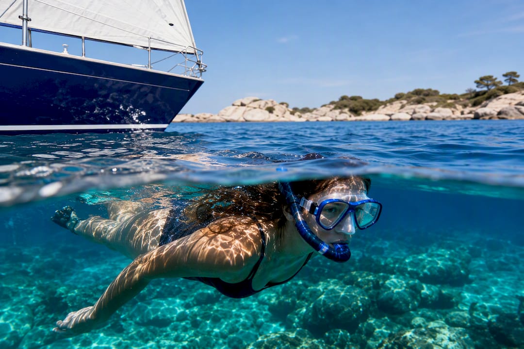 Snorkeler beside sailing boat in clear Sithonia water