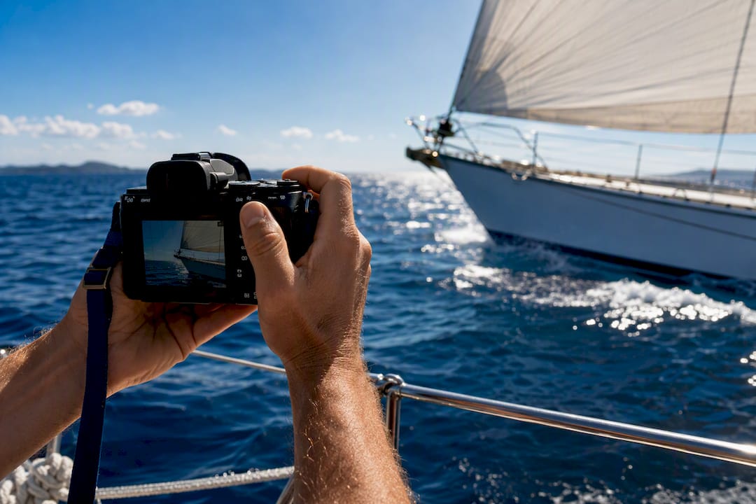 Camera framing a sailing boat at sea