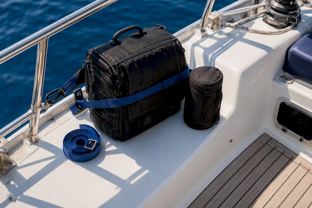 Secured camera bag beside sailing boat rail
