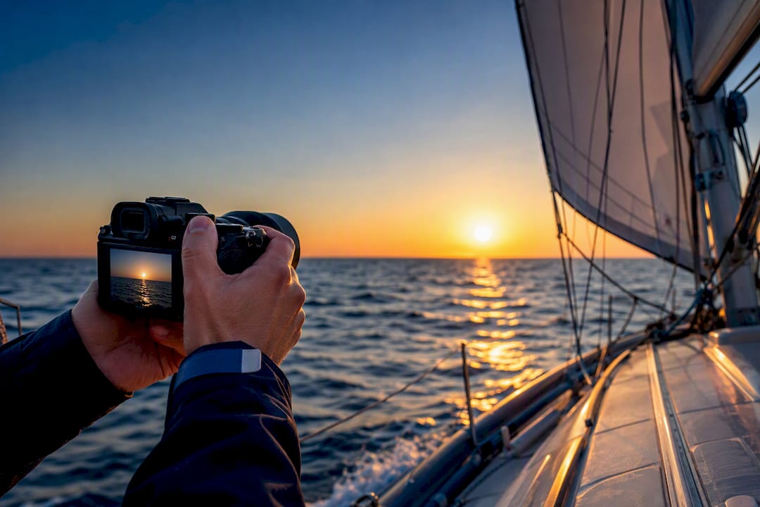 Photographer capturing sailing boat at sunset