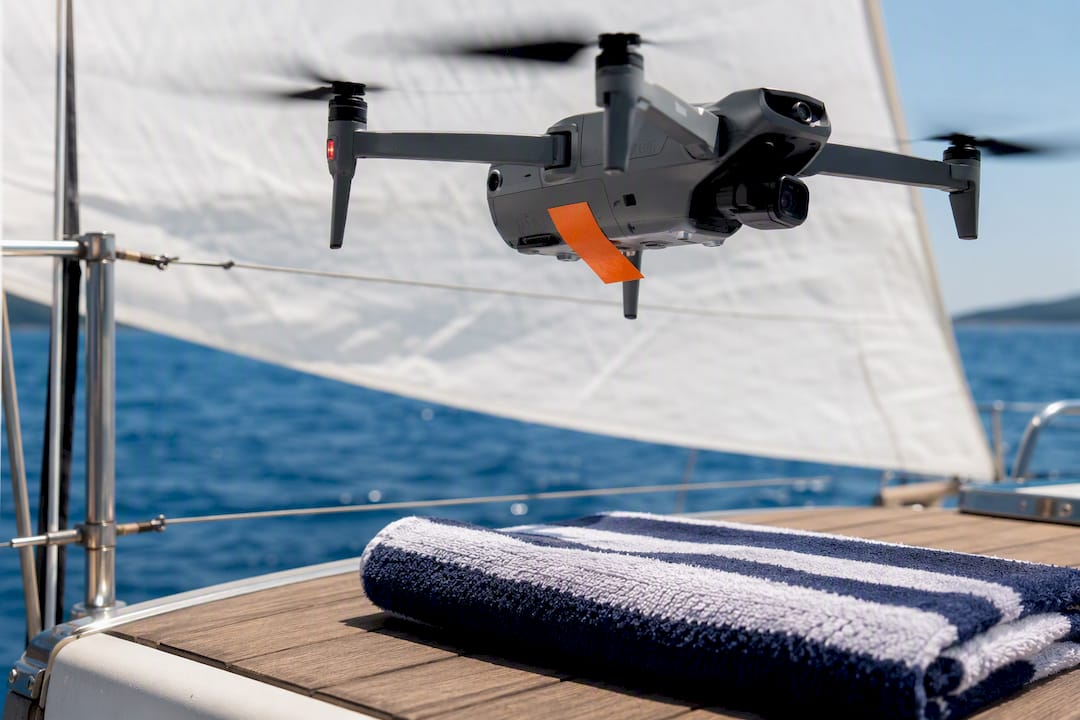 Orange marker tape on drone above boat deck