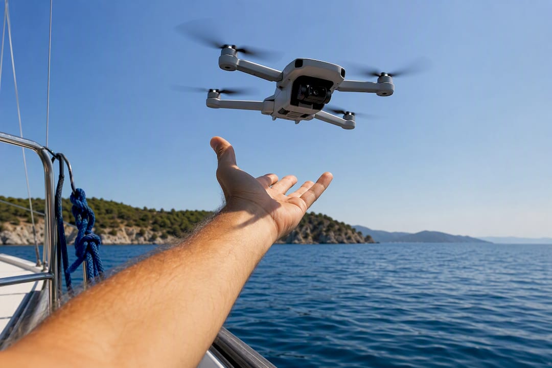 Hand launching a drone from a sailing boat