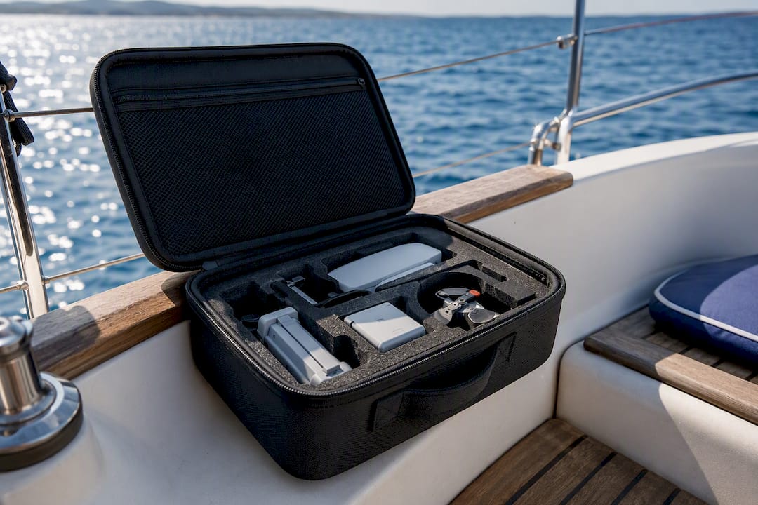 Padded drone case secured on sailing boat