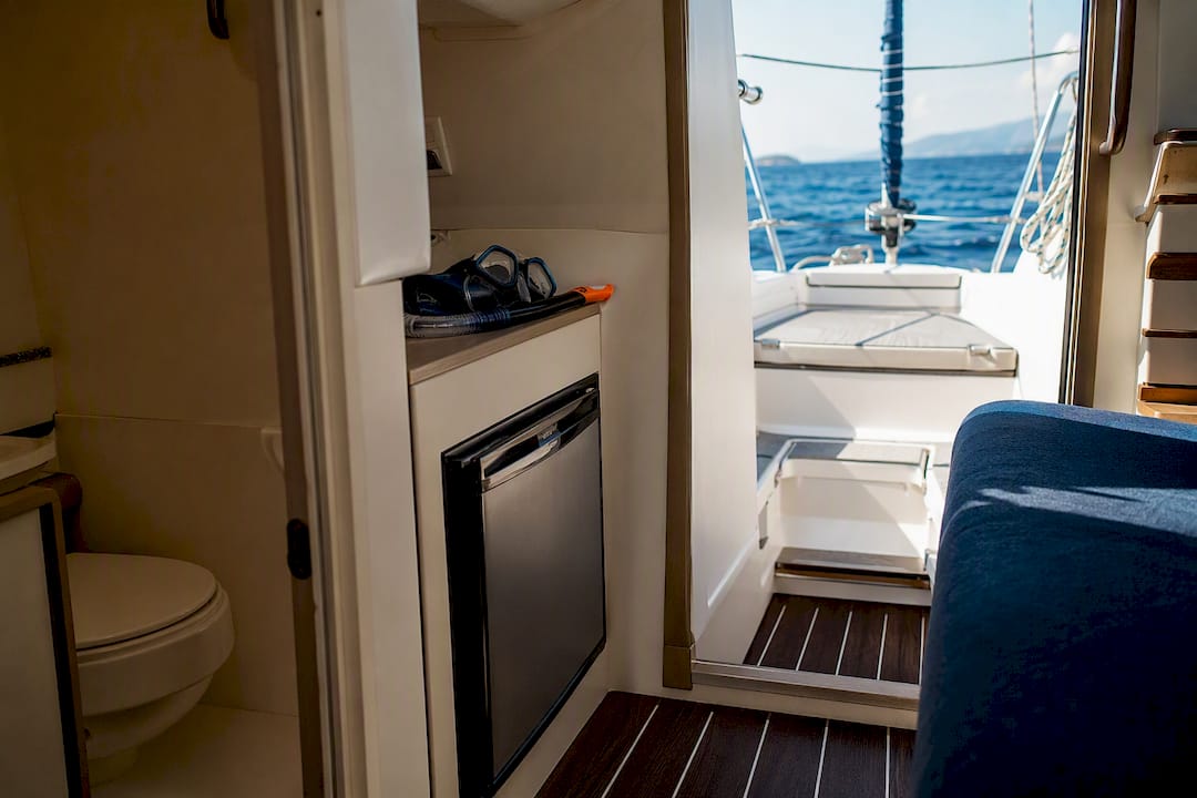 Compact sailing boat cabin with sea view