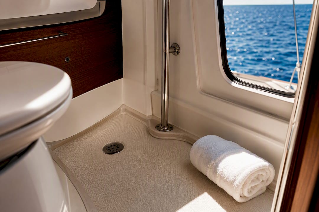 Non-slip sailing boat bathroom with grab point