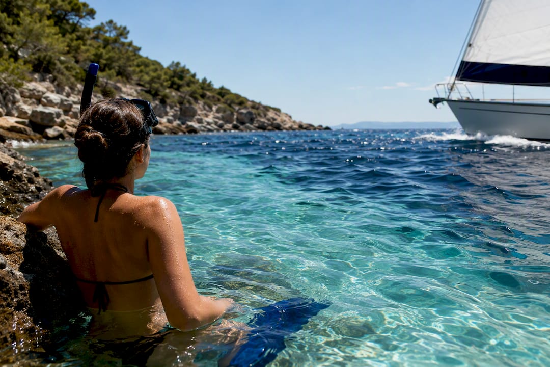 Snorkeler watching changing Sithonia sea conditions Snorkeler watching changing Sithonia sea conditions