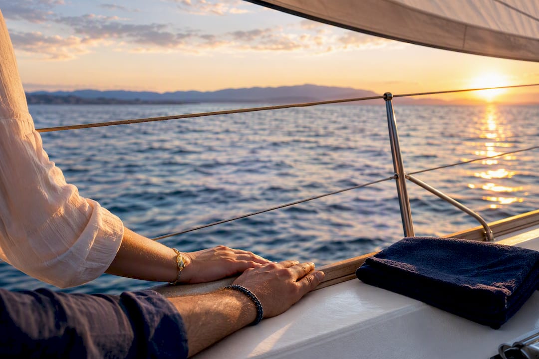 Couple aboard sailing boat at sunset