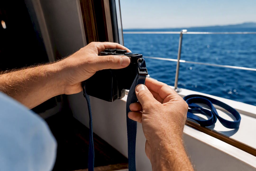 Hands securing camera strap on sailing boat