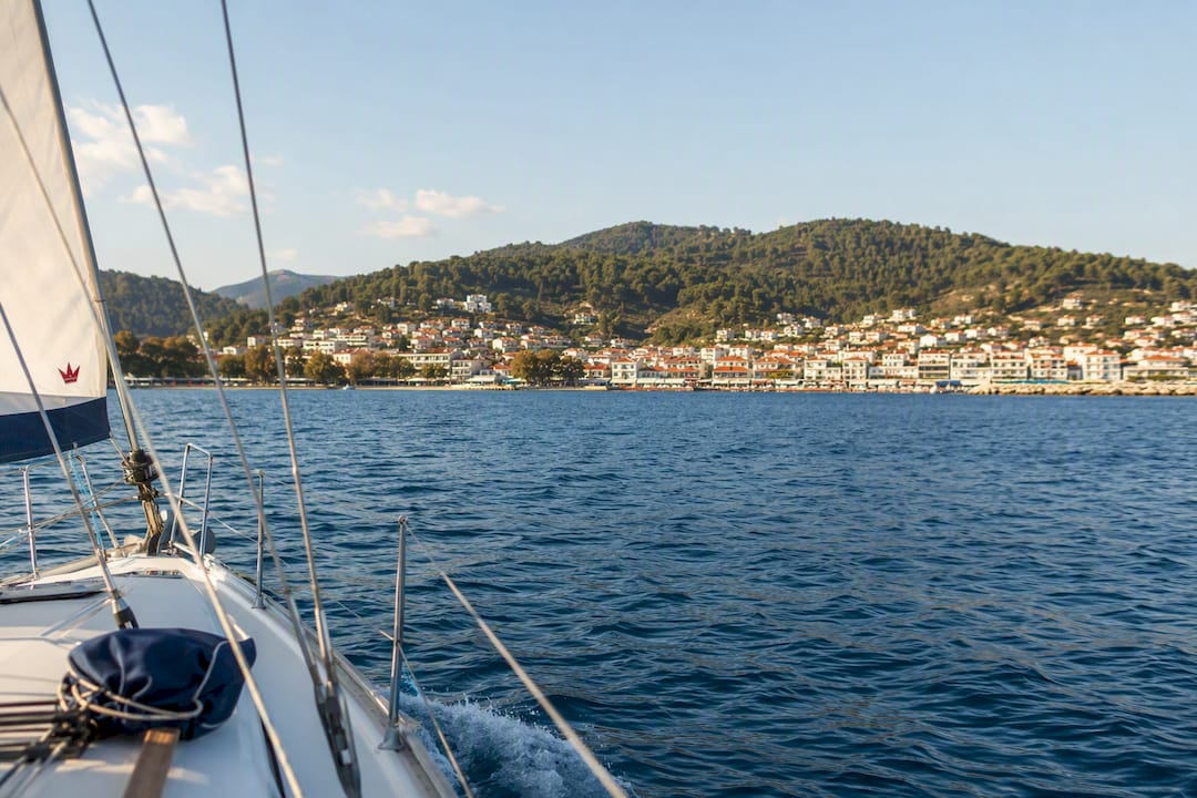 Sailing boat approaching Neos Marmaras