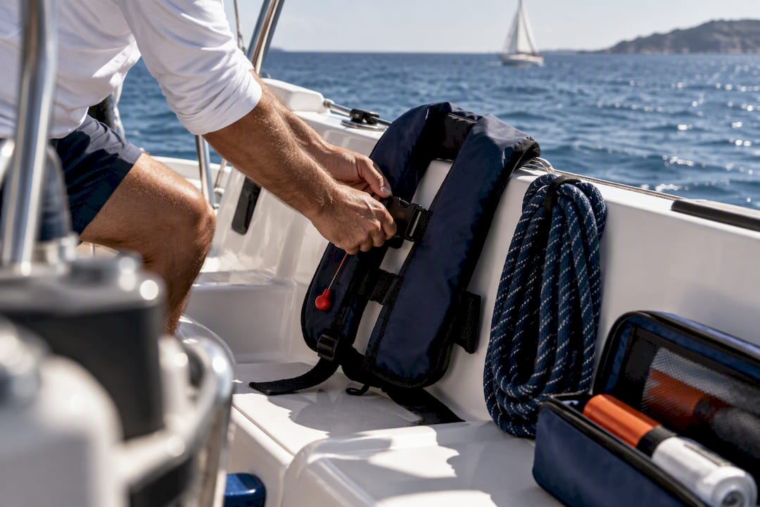 Skipper checking safety gear aboard sailing boat