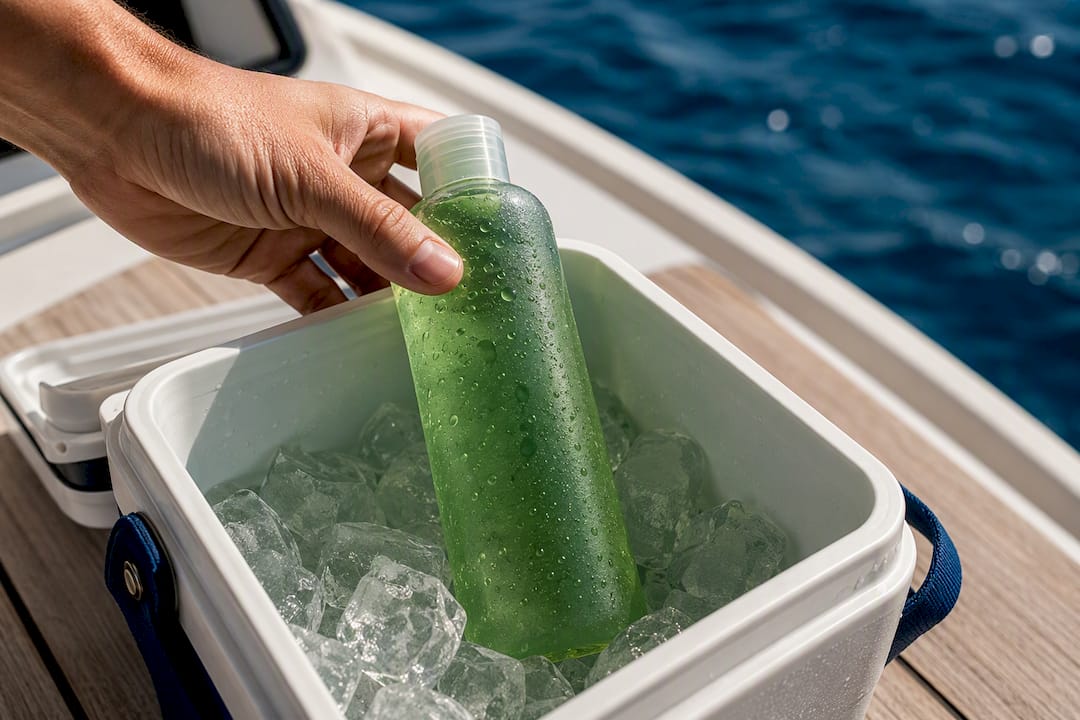 Chilled aloe gel in a boat cool box