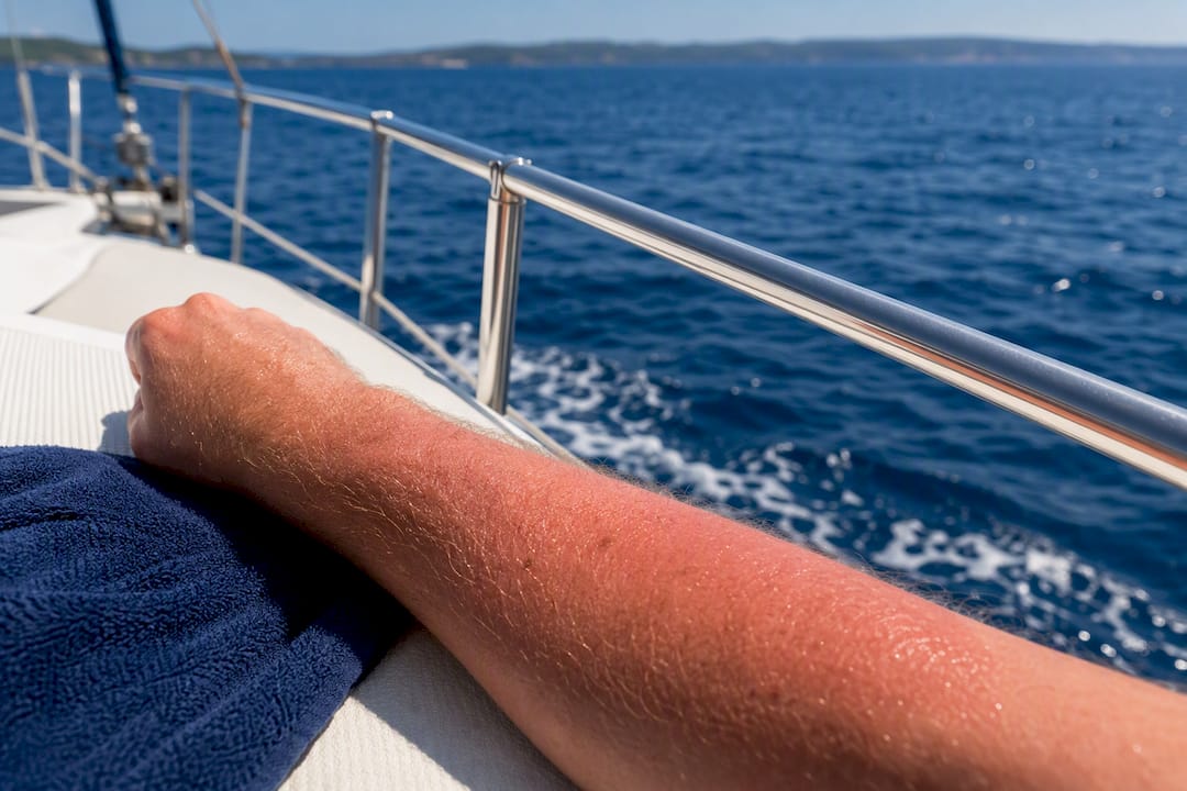 Sunburned forearm aboard a sailing boat