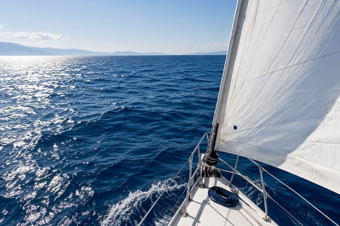 Sailing boat crossing bright Halkidiki waters