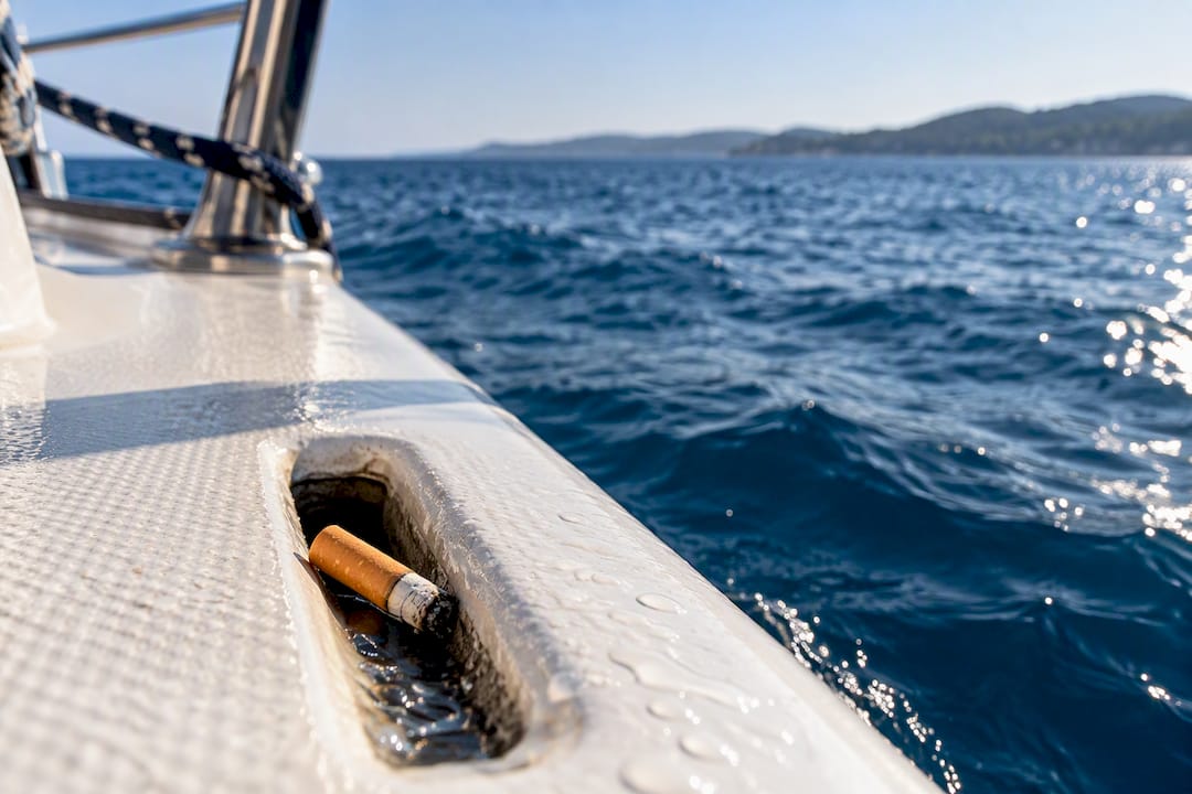 Cigarette butt beside sailing boat deck