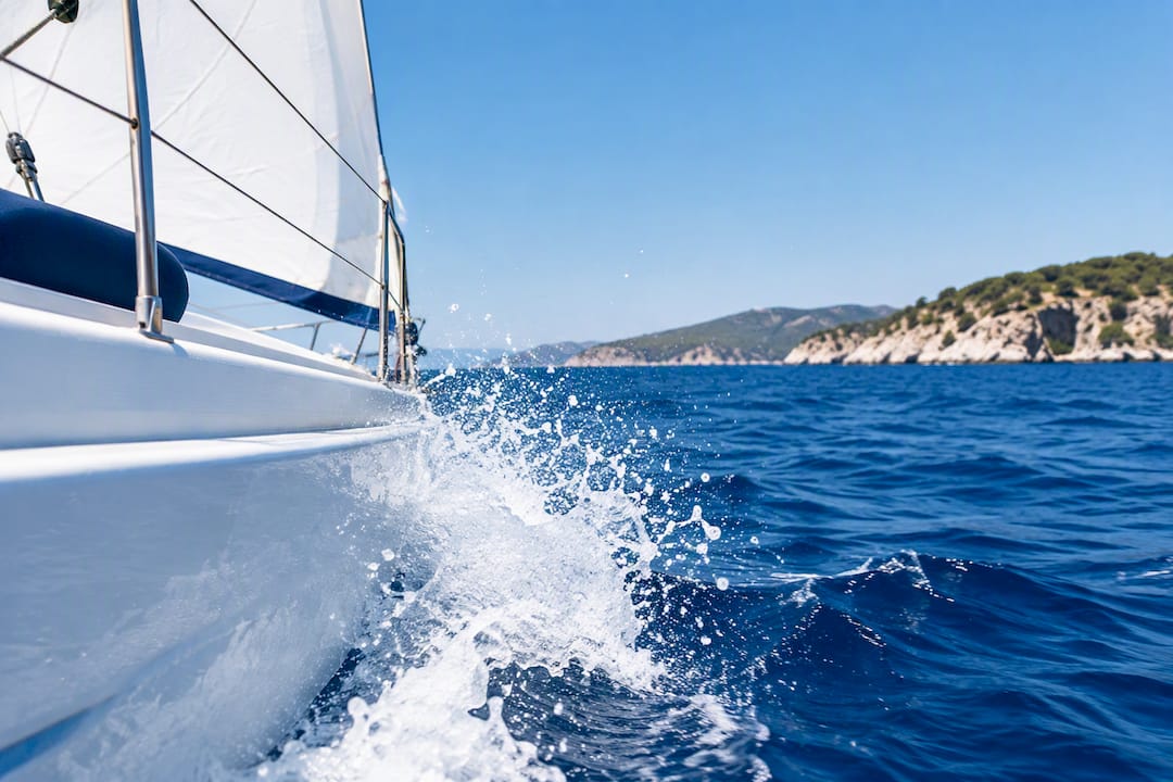 Frozen spray beside sailing boat in Halkidiki