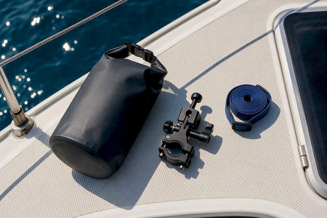 Dry bag and camera mount on sailing deck