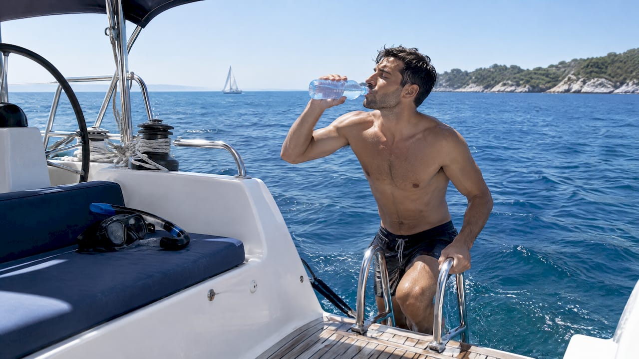 Snorkeler drinking water beside sailing boat