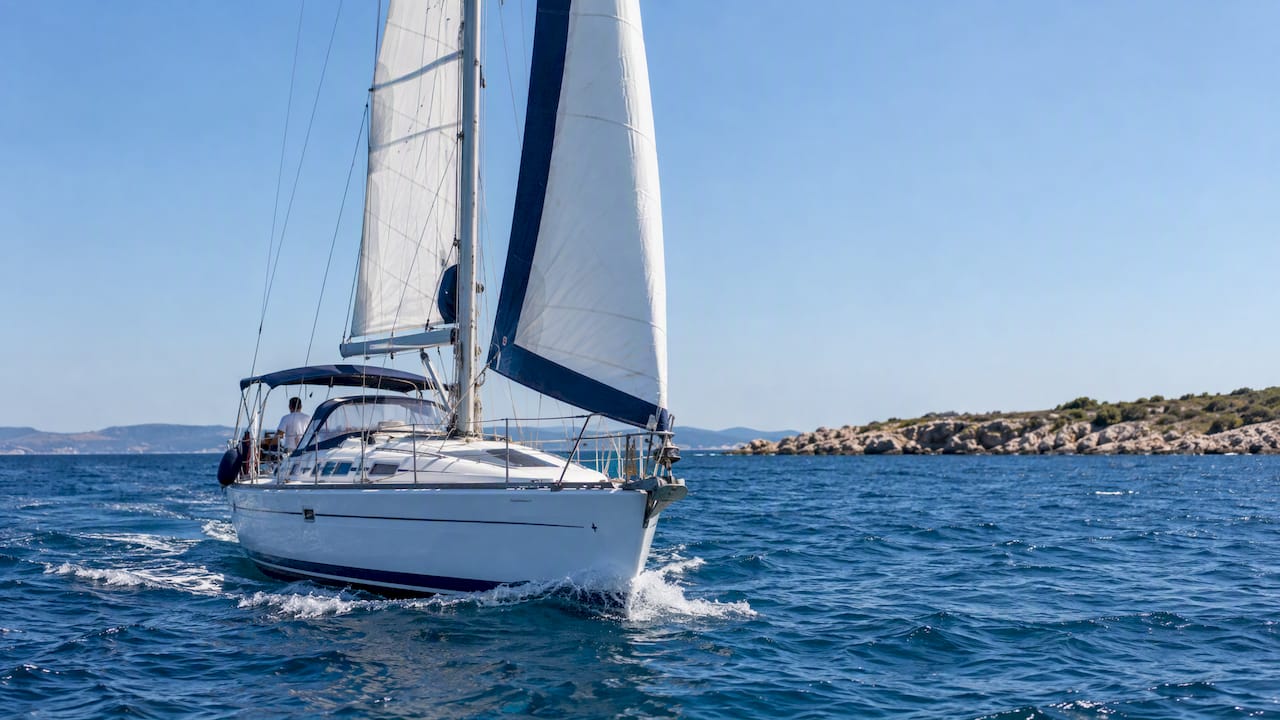 Sailing boat approaching Toroneos Gulf snorkel coast Sailing boat approaching Toroneos Gulf snorkel coast